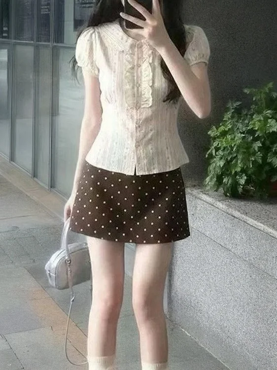 2026 Summer Anti-Aging Korean College Style Polka Dot Short Sleeve Shirt And Skirt Set High Waist Bubble Sleeve Doll Collar