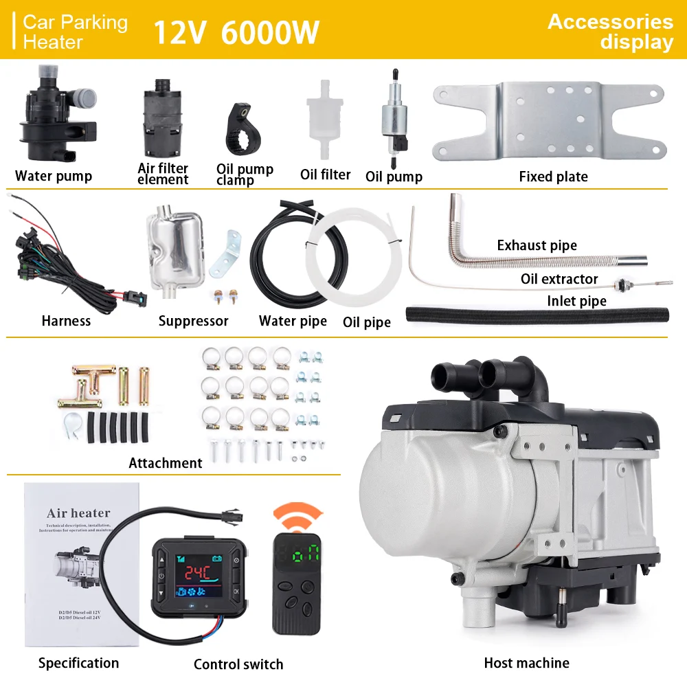 범용 가솔린 에어 히터, 무선 리모컨 LCD 모니터 및 물 배관, 모터 디젤 가솔린, 12V