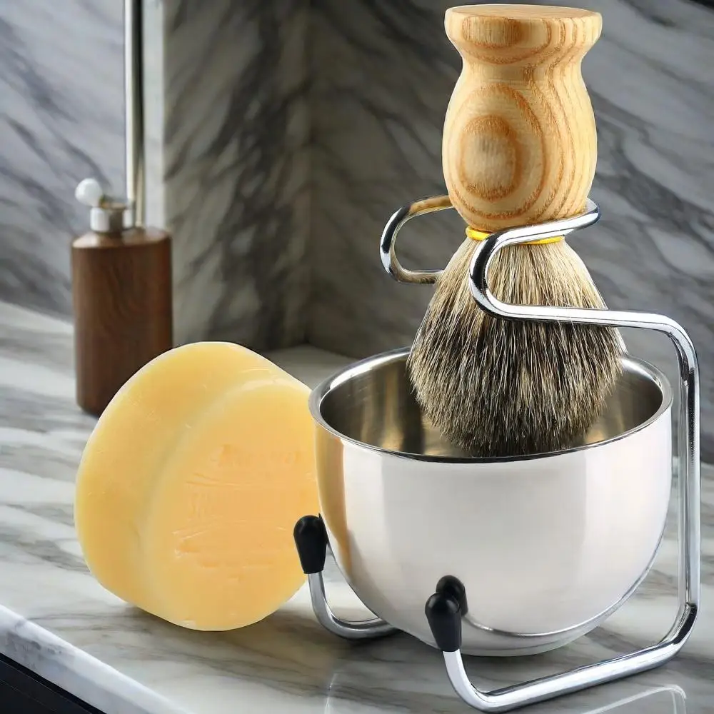Kit de brocha de afeitar 4 en 1 para hombre, 100% cepillo de pelo de tejón Natural, mango de madera, soporte de acero inoxidable, tazón, taza, jabón, juego de afeitado