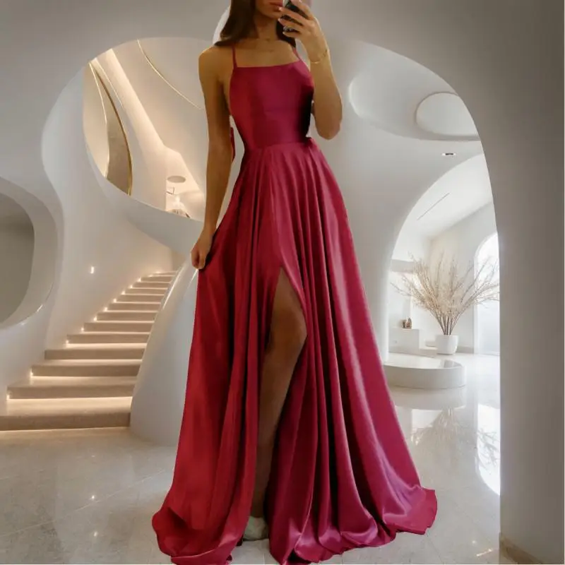 

MisShow Sling Evening Dress Spaghetti Straps Sleeveless Lace-up Backless Prom Dresses Satin A-Line High Split Maxi Party Gowns