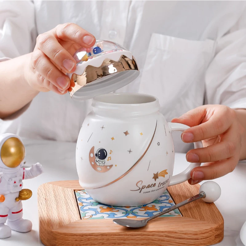 Astronauta série caneca espacial com tampa colher, cerâmica casal água copo, menina dom conjunto, namorado