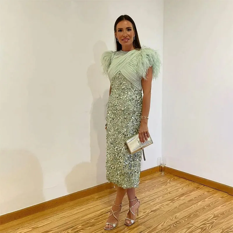 Elegant O-Neck Evening Dress Sparkling Sequins Prom Dress Feathers Capped Sleeves Tea-Length Cocktail Special Banquet Dress