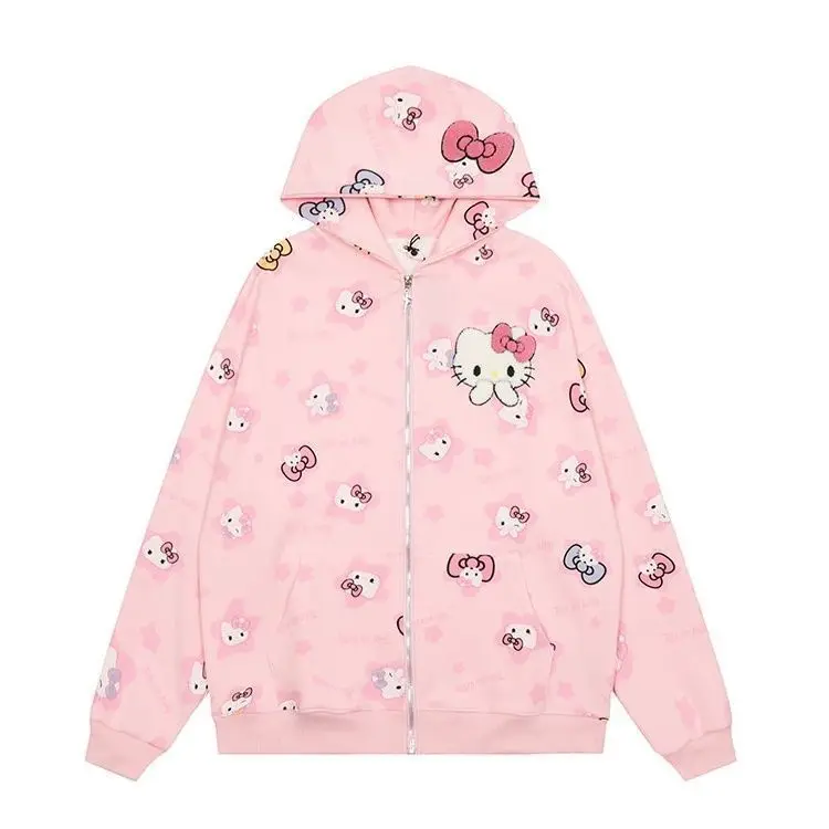 Sanrio Hello Kitty Autumn Hooded Cardigan Zipper Sweatshirt Cute Sweet Girl Loose Comfortable Sweatshirt Women Coat Kawaii Gift