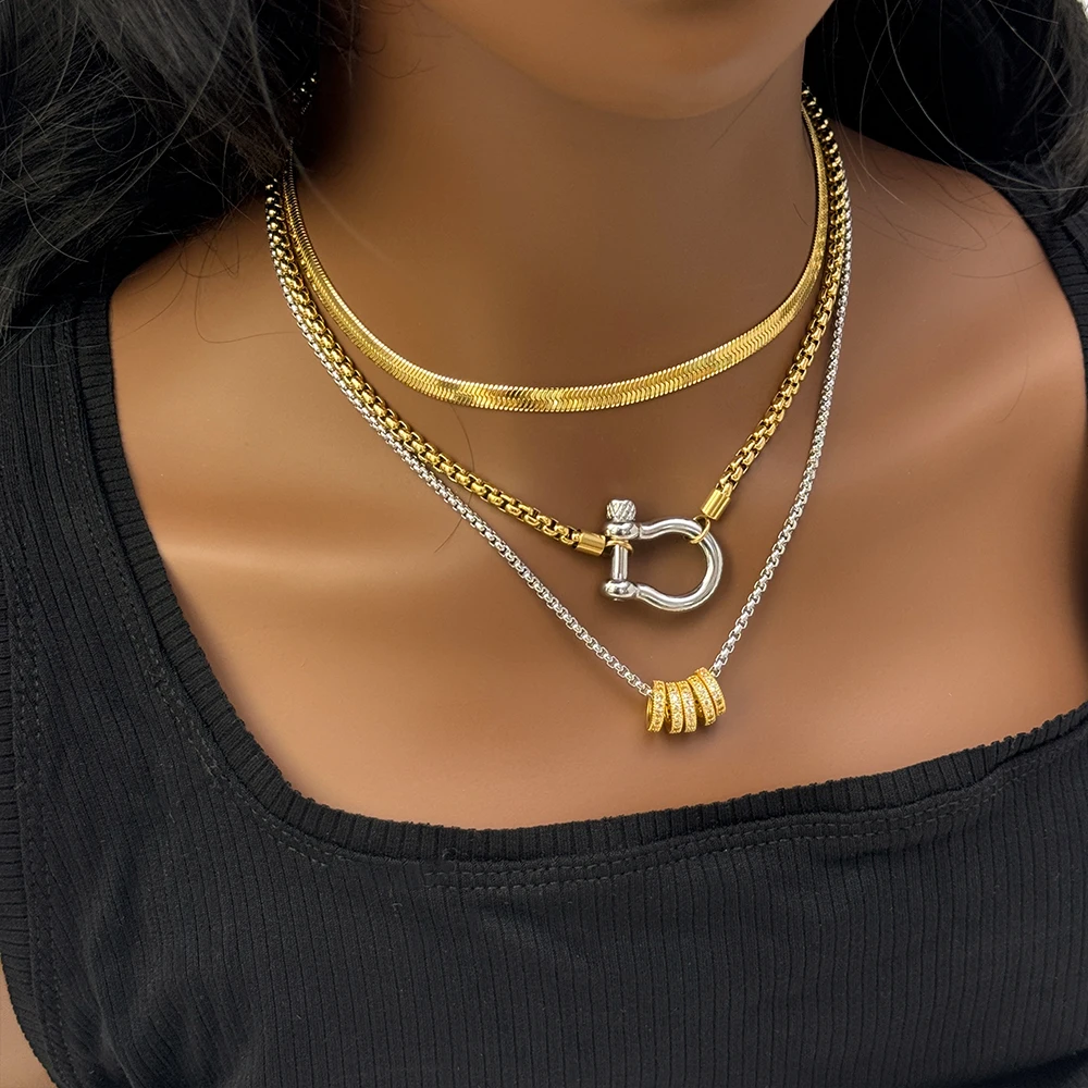 

Waterproof Jewelry 18K Gold Plated Stainless Steel Box Chain Choker Necklace Double Color Chunky Horseshoe Necklace for women