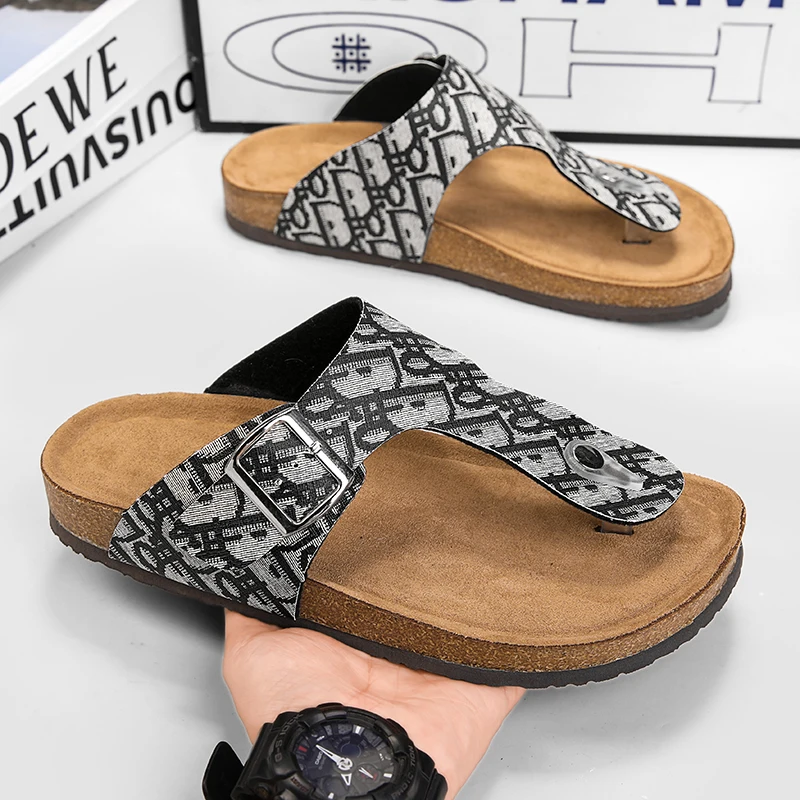 

Men's Cork Flip Flops Microfiber Leather Luxury Slippers Clogs with Health Footbed Comfortable Summer Casual Chanclas Hombre