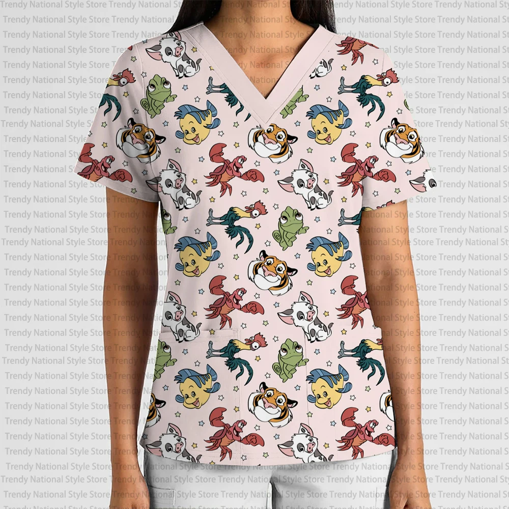 Christmas Disney Princess Cartoon Print V-Neck Pocket Scrub Top Women's Clothing Nursing Clothes Dental Pet Shop T-shirt