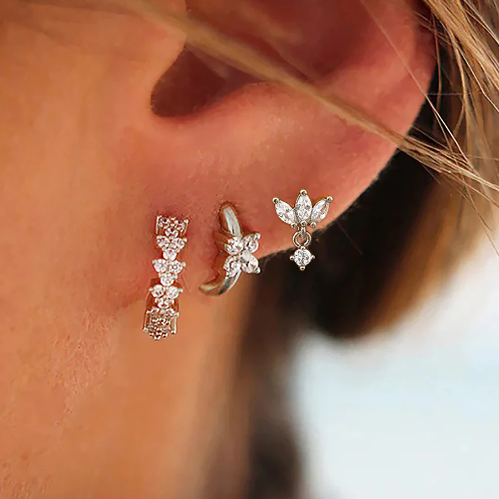 3PCS Unique Cubic Zirconia Four-Petal Flower Hoop Earring Sets For Women 18K Gold Plated Stud Earring Cartilage Piercing Jewelry