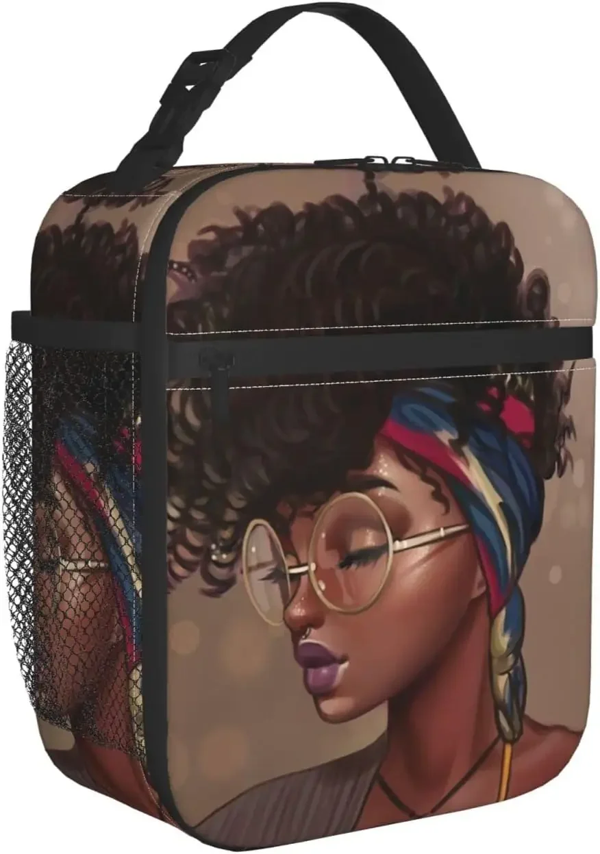 African American Afro Woman Lunch Bag Portable Insulated Lunch Box Women Reusable Thermal Bento Bags for Travel Picnic Work