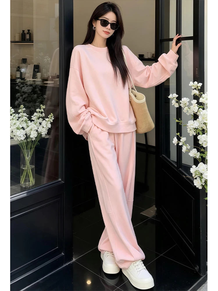 Loose Long Sleeve Sweatshirt High Waist Wide Leg Pants Set Women's Autumn Sport Casual Pink Fashionable Two-Piece Suit