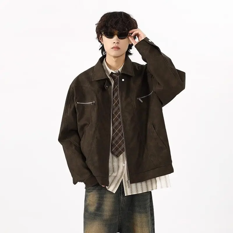 

Trendy Loose Men's Biker Leather Jaet Autumn Outdoor High Street Stand Collar American Casual Couple's PU Leather Coat