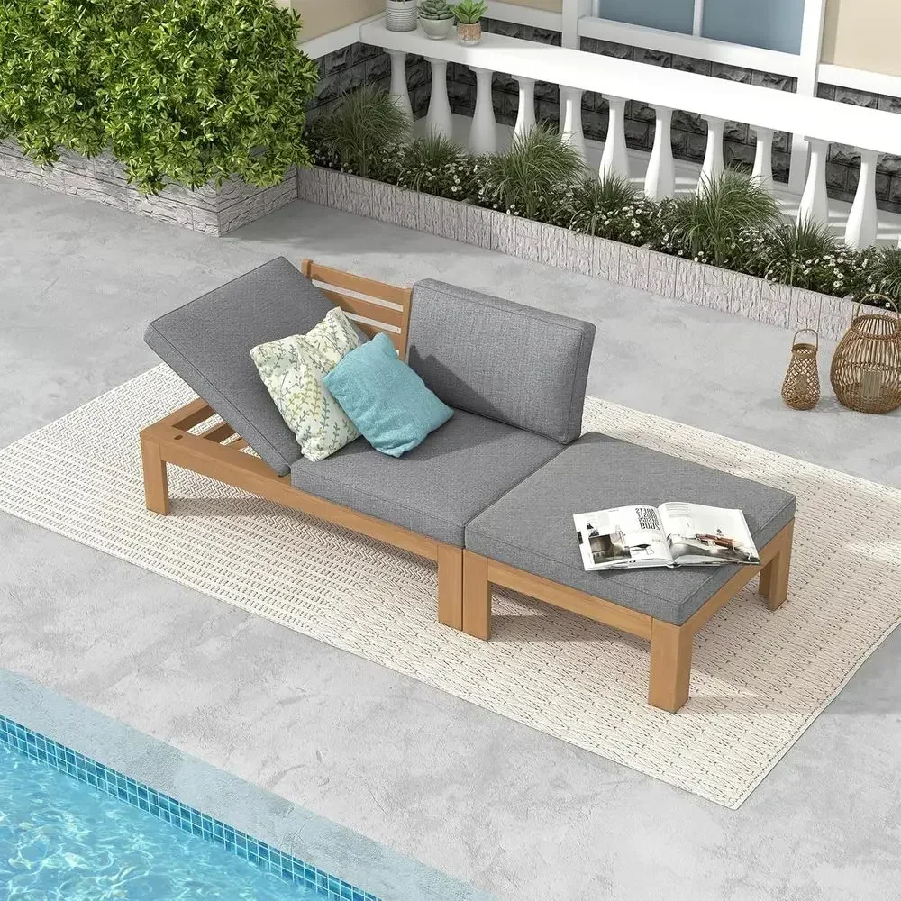 Acacia Wood Outdoor Patio Loveseat Sofa Set with Adjustable Armrests, L-Shaped Design, Grey Cushions