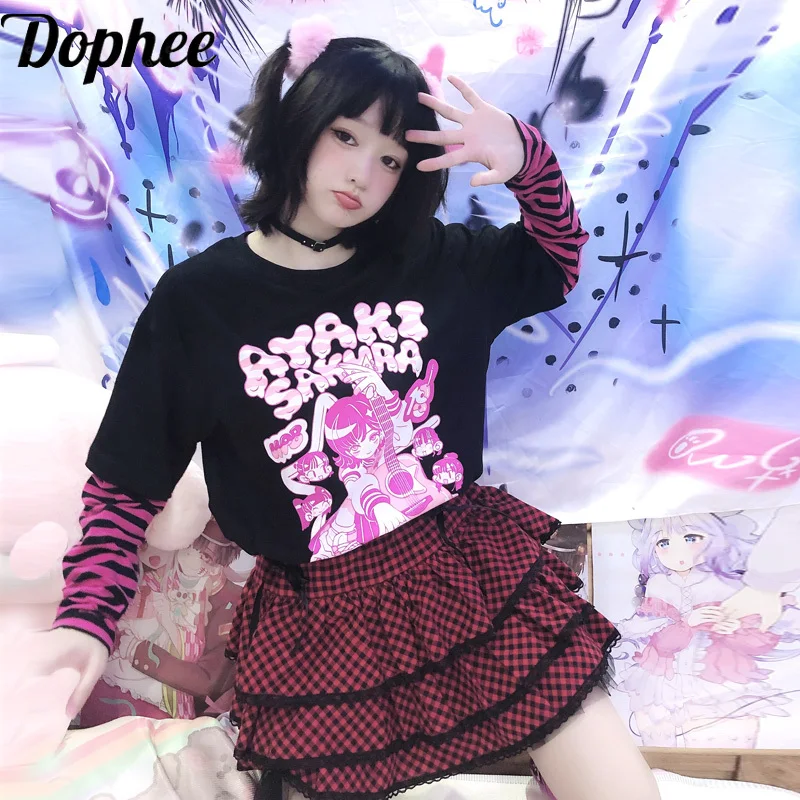 

Dophee Original Harajuku Spice Girls Cake Skirts Japan Style Cute Landmine System Elastic Waist Lace Plaid Short A-line Skirts