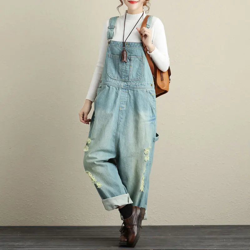 

2023 Autumn Jeans Clothes for Women Fashion Loose Ripped Holes Design Overalls Ladies Casual Vintage Denim Pant Classic Jumpsuit