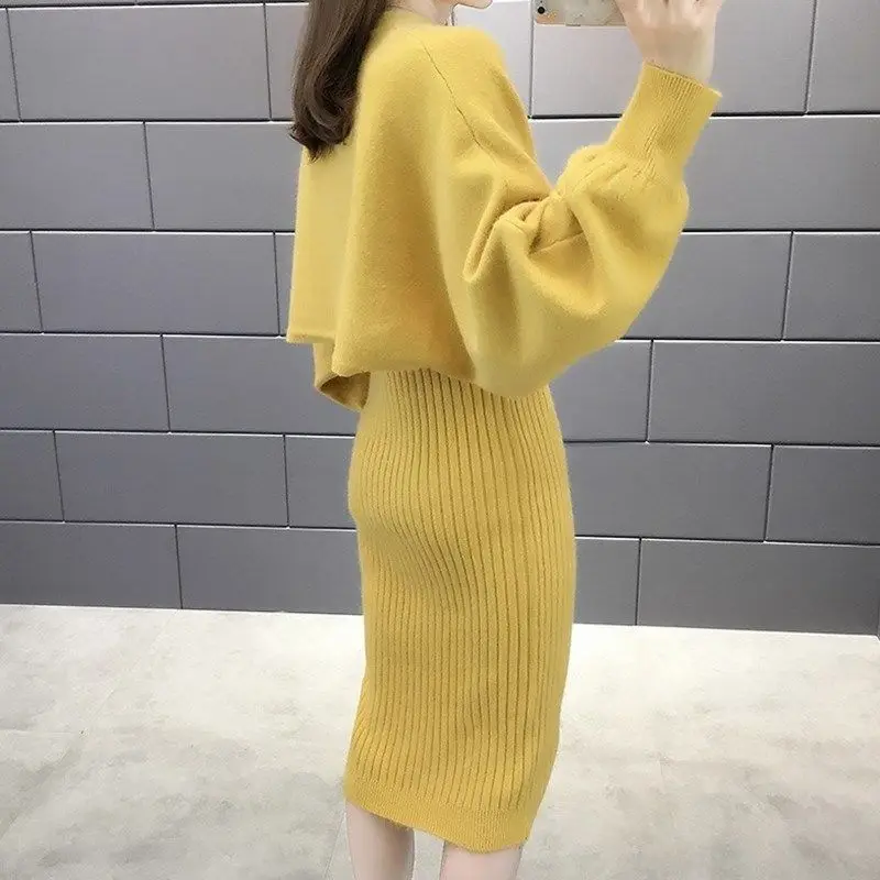 Autumn New Loose Sweater Suit Fashion Long Knitted Skirts Two-piece Set Foreign Style Women Batwing Sleeve Pullover Sweater 2PCS