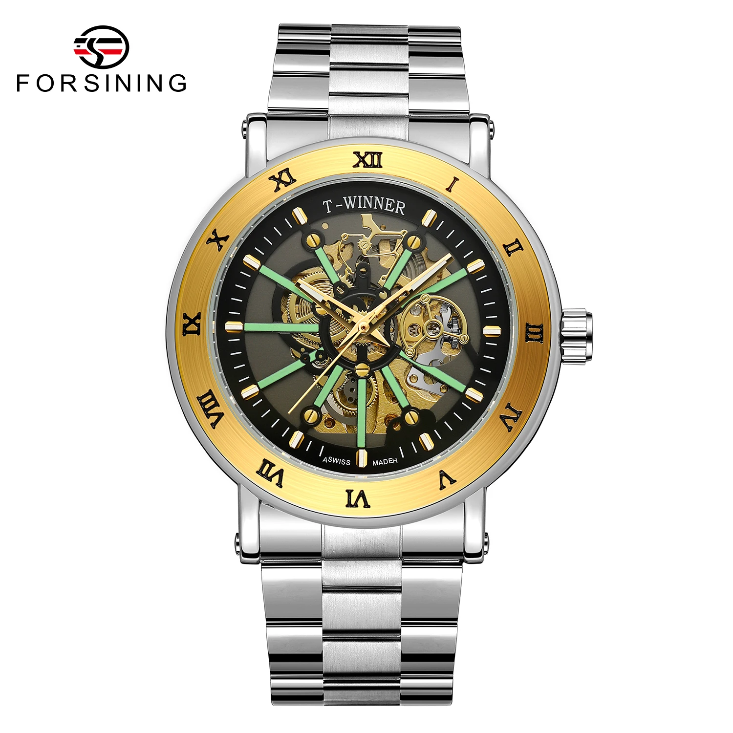 

Winner Men's Gold Roman Numeral Bezel Mechanical Watches Male Waterproof Fashion Luminous Pointer Automatic Skeleton Wristwatch