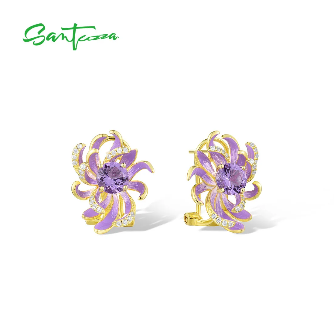 

SANTUZZA Pure 925 Sterling Silver Lever Back Earrings For Women Sparkling Created Purple Spinel Enamel Flower Chic Fine Jewelry