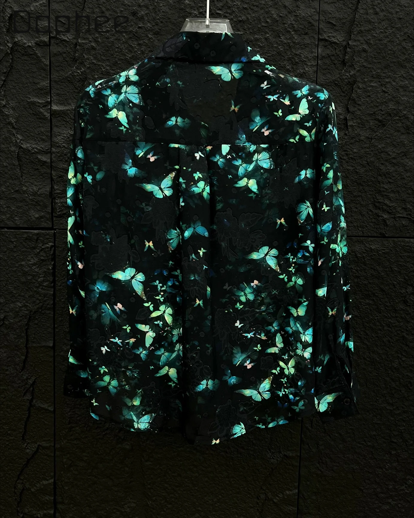 2026 Autumn Men's Long Sleeve Shirt Black Bottom Blue Butterfly Hollow Printed Lapel Loose Trend Street Button Youth Men Shirts