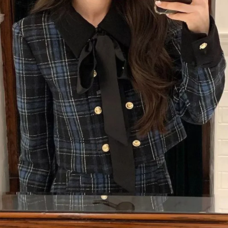 Small fragrance suit women's autumn and winter new fashion temperament Joker bow plaid long sleeve suit+pleated skirt two-piece.