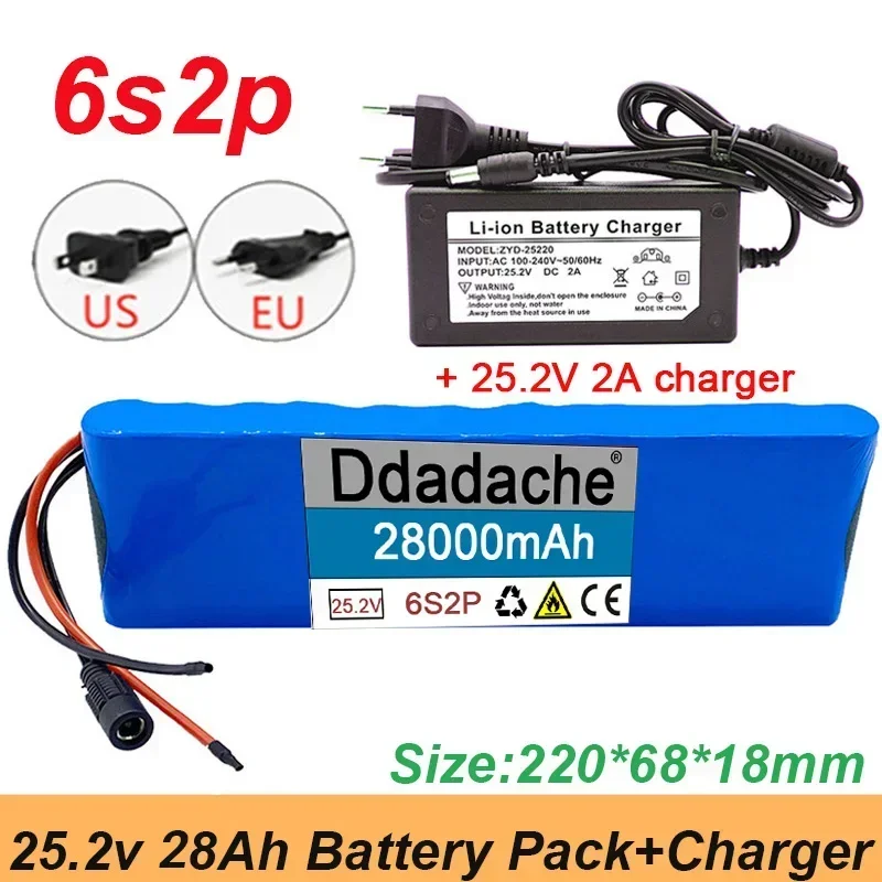 

NEW Rechargeable Lithium Battery 6S2P 25.2V 28AH 18650, High-quality 24V 28000mAh, with BMS Electric Bicycle Booster and Charger