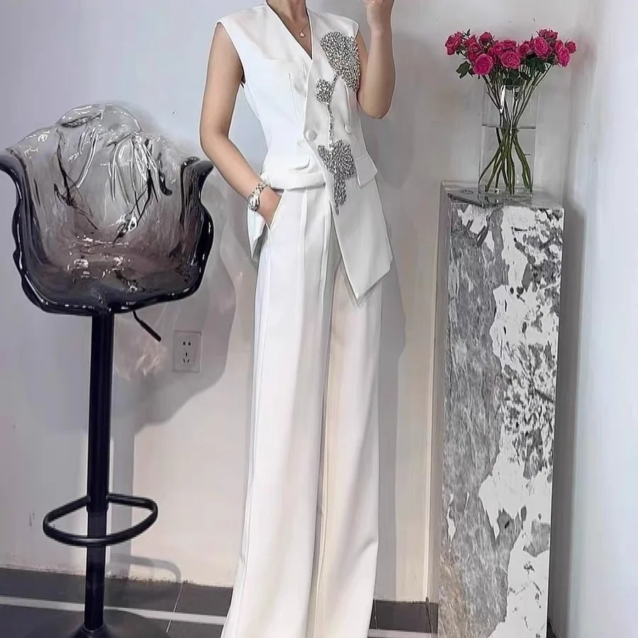 New Luxury Beaded Summer Women's Suit Formal Office Lady Sleeveless Double Breasted Vest Jacket + Wide Leg Pants Two Piece Set