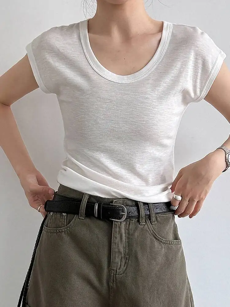 

Women White Black Brief Plain Color Slim T-shirt New Round Neck Short Sleeve Fashion Tide Spring Summer