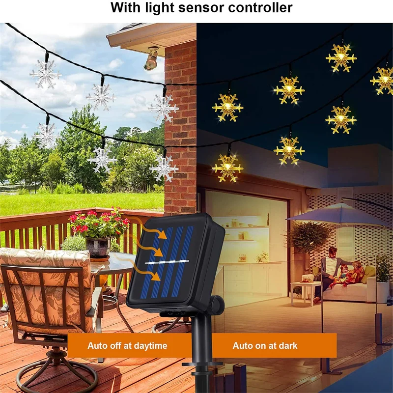 Solar String Lights Outdoor Christmas Snowflake Lights With 8 Modes Waterproof Solar Powered Patio Light For Garden Party Decor