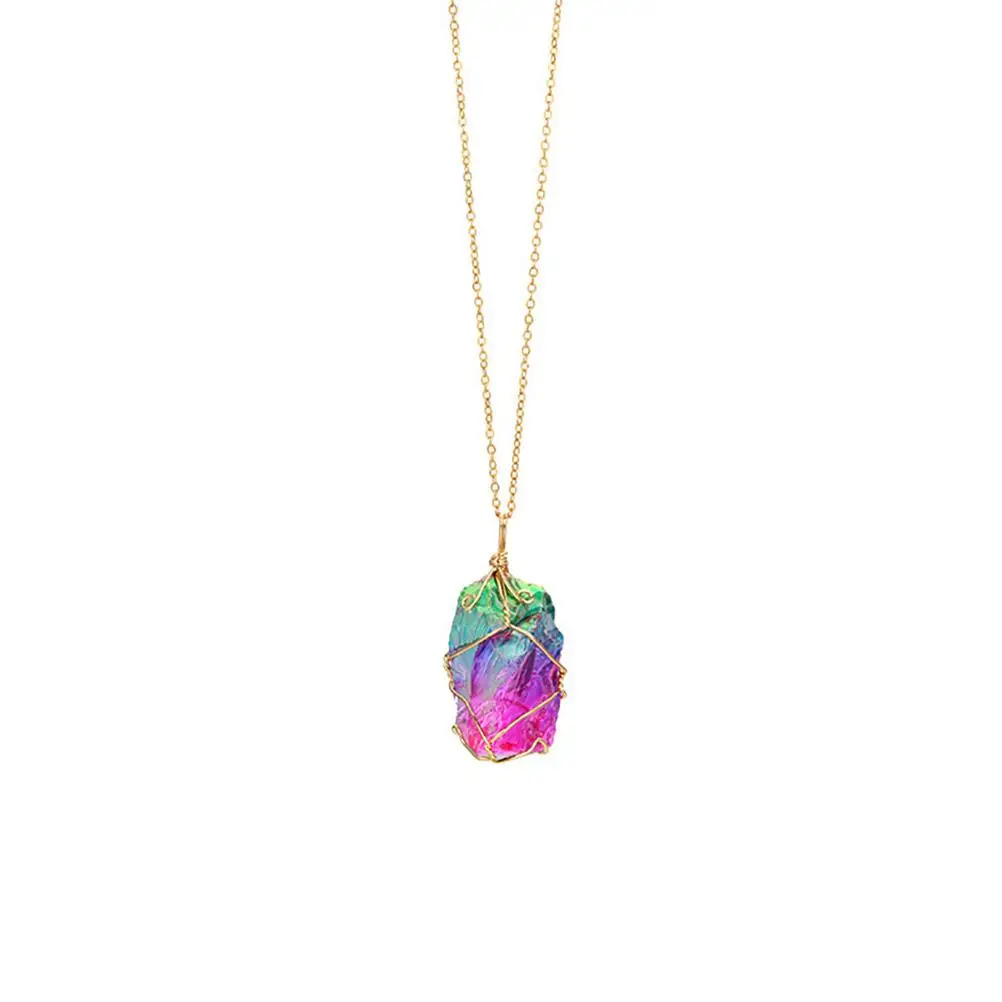 

Rainbow Natural Stone Pendant Necklace Fashion Crystal Necklace Gold Quartz Necklace for Women Gift