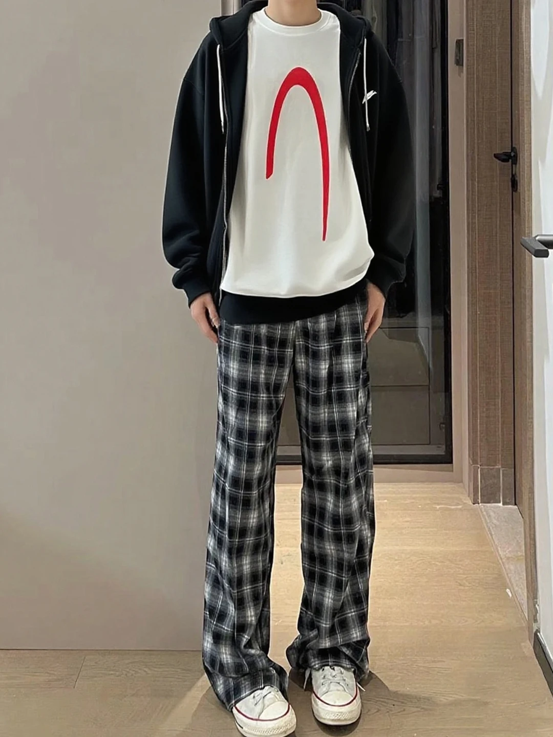 

American Retro Bla White Plaid Men's Straight Leg Pants Lazy Sle Wide Leg Trousers Cleanfit Micro Flared Casual Pants