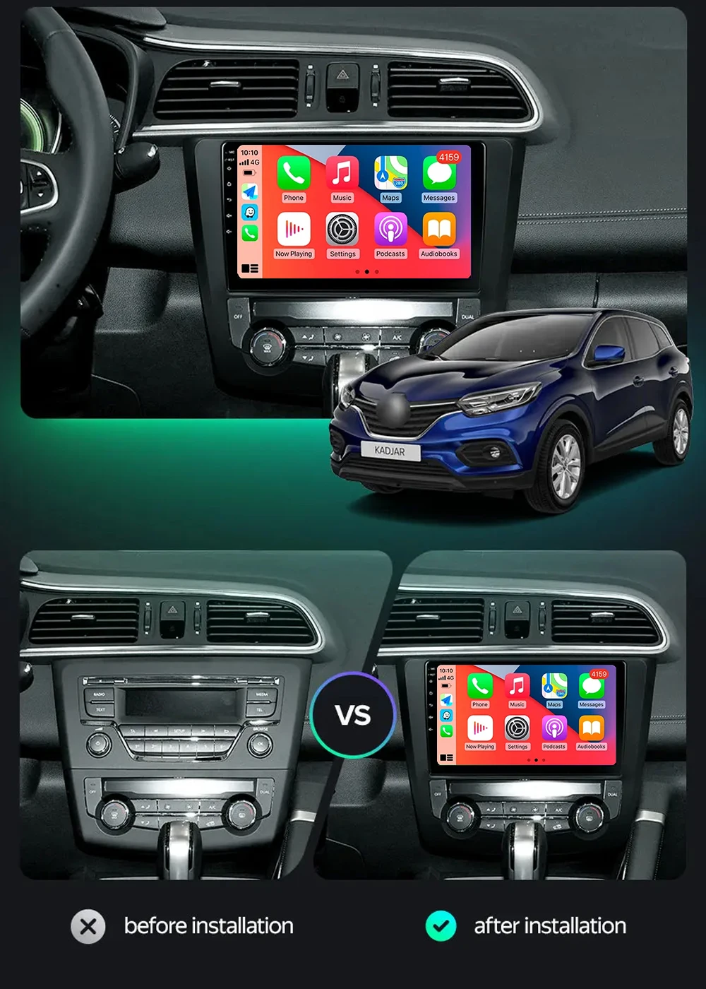 Android 14 Carplay Car Radio For Renault Kadjar 2015 - 2019 Navigation Multimedia Player Stereo WiFi+4G video Auto DVD 360Camera