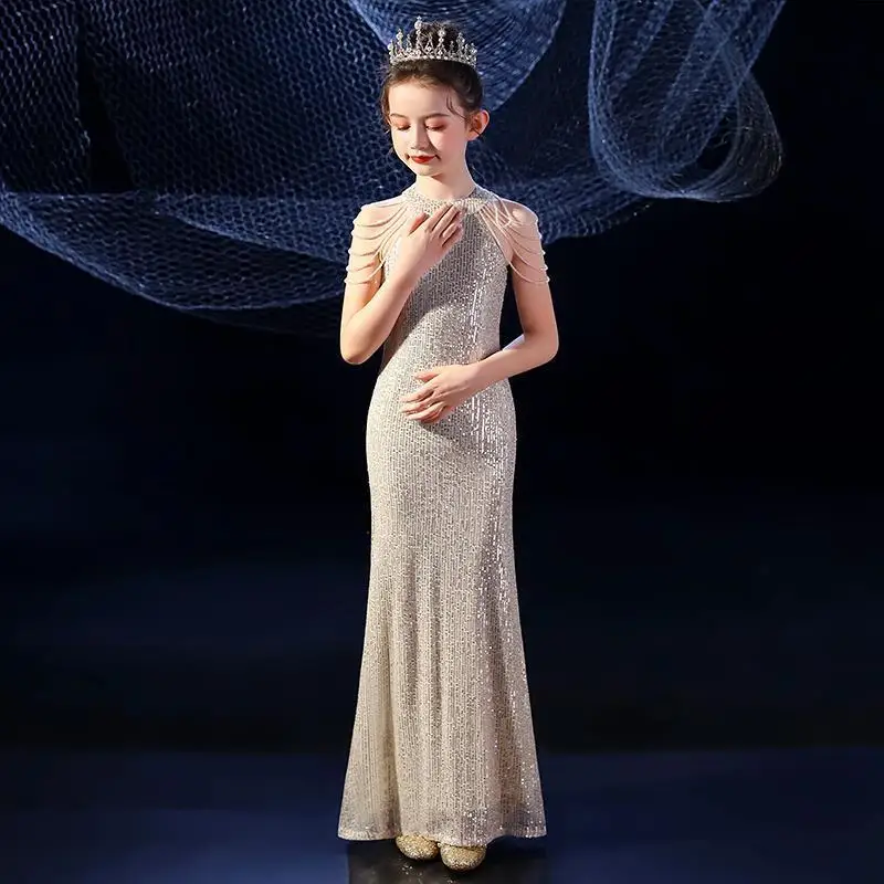 Evening Dress for Girls Piano Competition Performance Fashion Children Clothing Red Elegant Dresses Birthday Party Costume