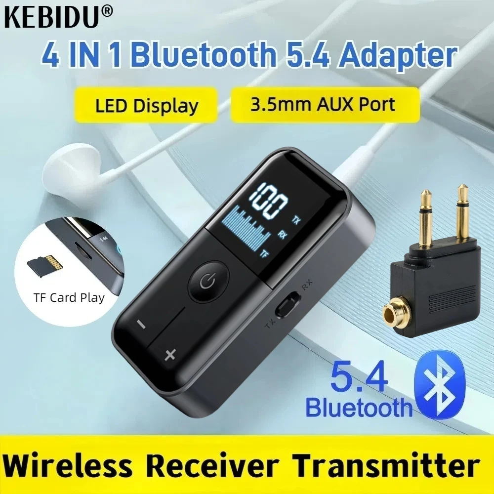 4 in 1 Bluetooth 5.4 Audio Receiver Transmitter 3.5MM AUX TF Card Stereo Music LED Display Wireless Adapter With Mic For Car TV