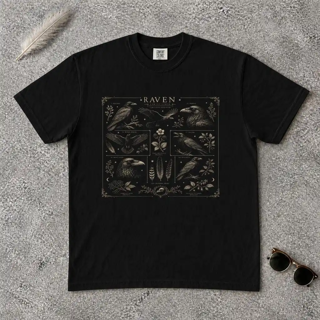 Raven Corvus Corax Botanical Field Guide T-Shirt, Dark Academia Crow Tee