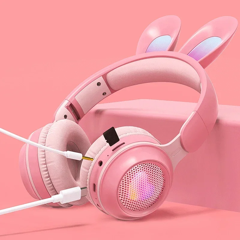 กระต่ายหูหูฟังบลูทูธชุดหูฟังกระพริบสเตอริโอไร้สายพร้อมไมโครโฟนหูฟังเด็กของขวัญ