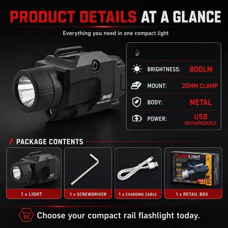 Multi‑function Under‑barrel Light 800LM Red Green Laser Metal 20mm Clamp Hobby Model Gear