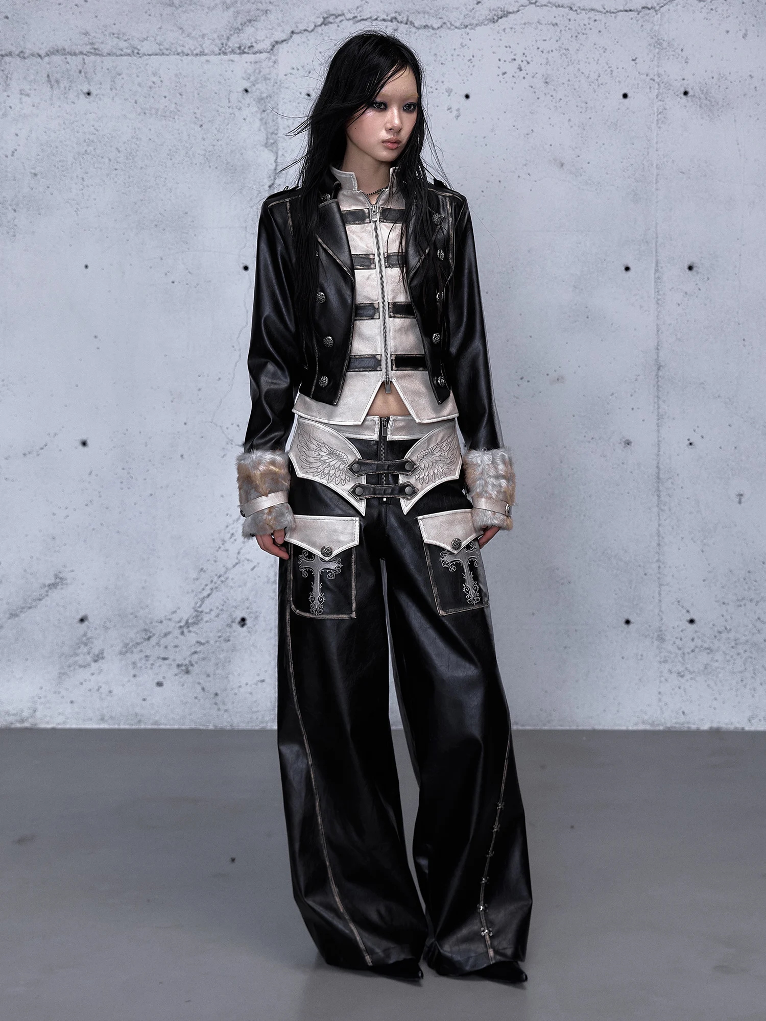 Street Sle Punk Knight Color Blo ort Leather Jaet Worn out Faux Two-Piece Biker Coat Youth Fem Zipper Sve Long