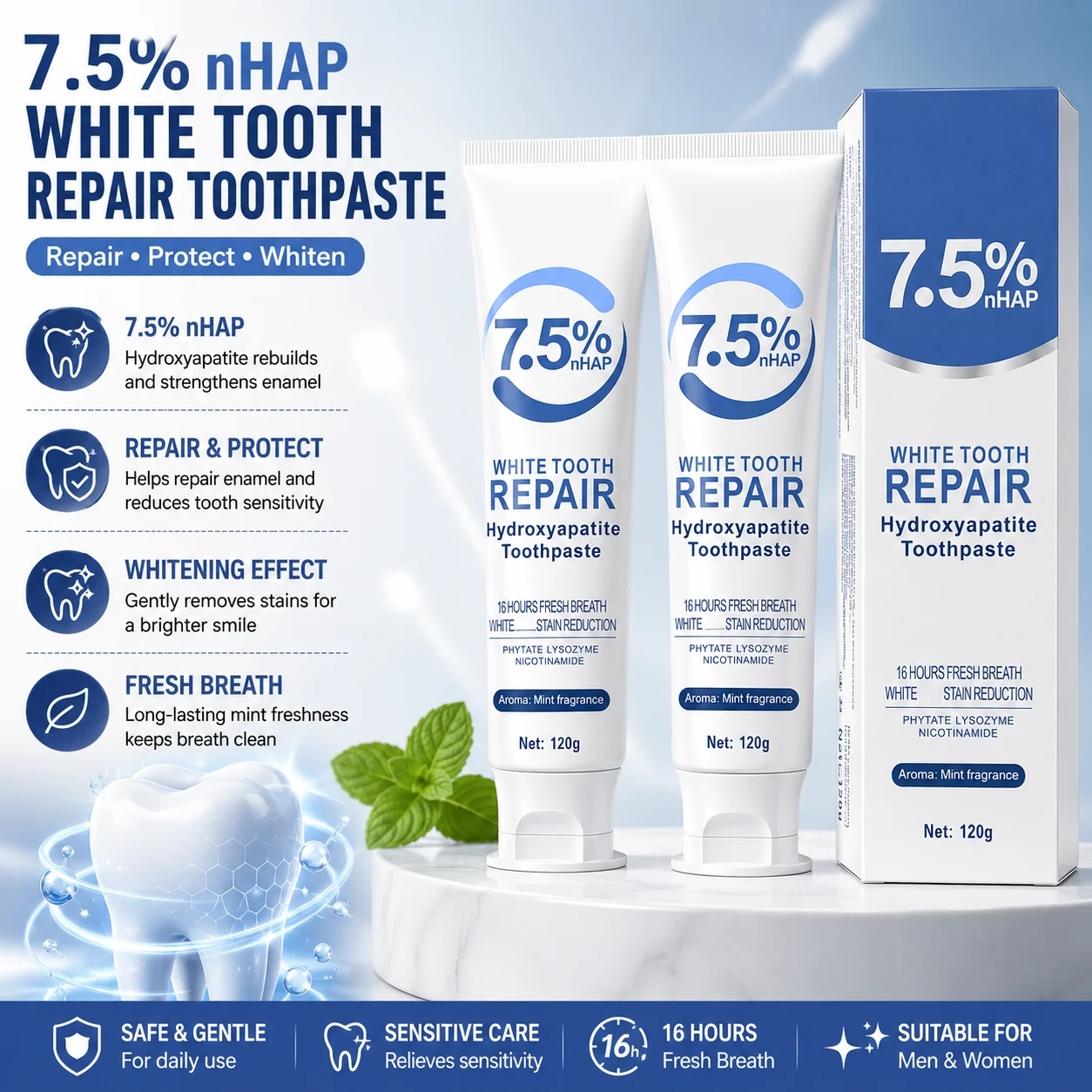 7.5% Hydroxyapatite Whitening Toothpaste 120g,Enamel Repair Sensitive Teeth Toothpaste, Stain Removal Breath Freshening Mint
