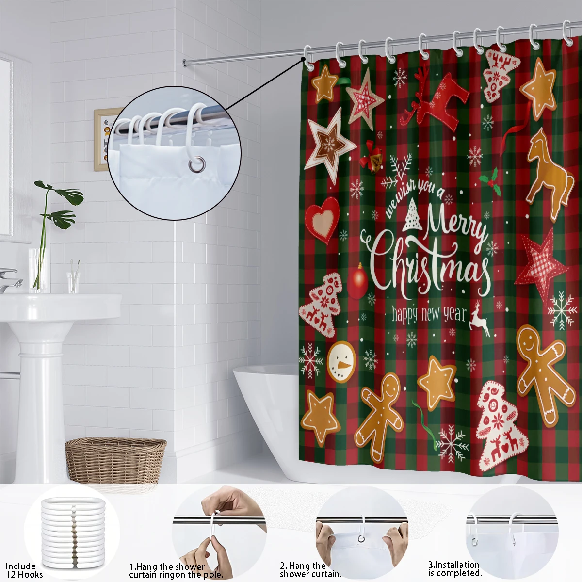 1pc Christmas Gingerbread Print Waterproof Holiday Shower Curtain Bathe Partition Privacy Multi Size 12 Hooks Easy Installation