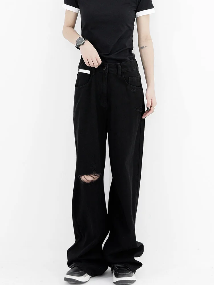 العصرية عالية الخصر واسعة الساق الحرير الدنيم الجينز المرأة رقيقة الصيف شارع العليا الحرير الجليد ممزق الجينز شعور رائع السراويل الطويلة