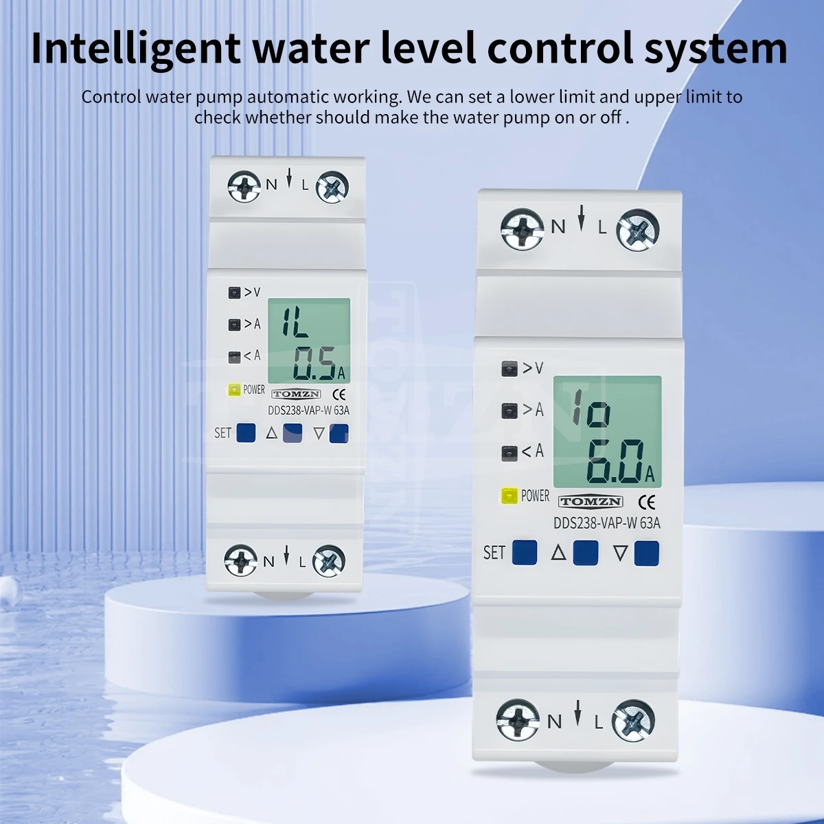TOMZN 63A Adjustable Voltage Current Protector Relay 110V 230V Power Energy kWh Display Water Level Control Protection Device