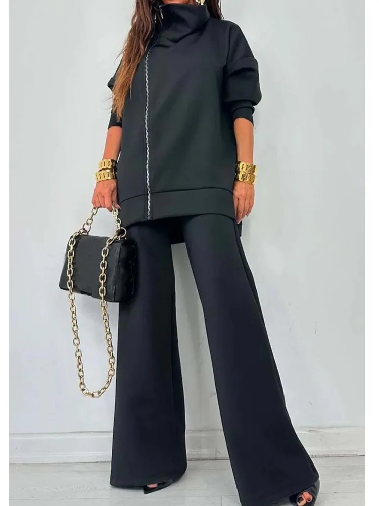 Autunno Moda Abiti larghi Donna Dolcevita Felpa con cerniera Set di pantaloni a gamba larga Donna Casual Manica lunga Solido Set a due pezzi