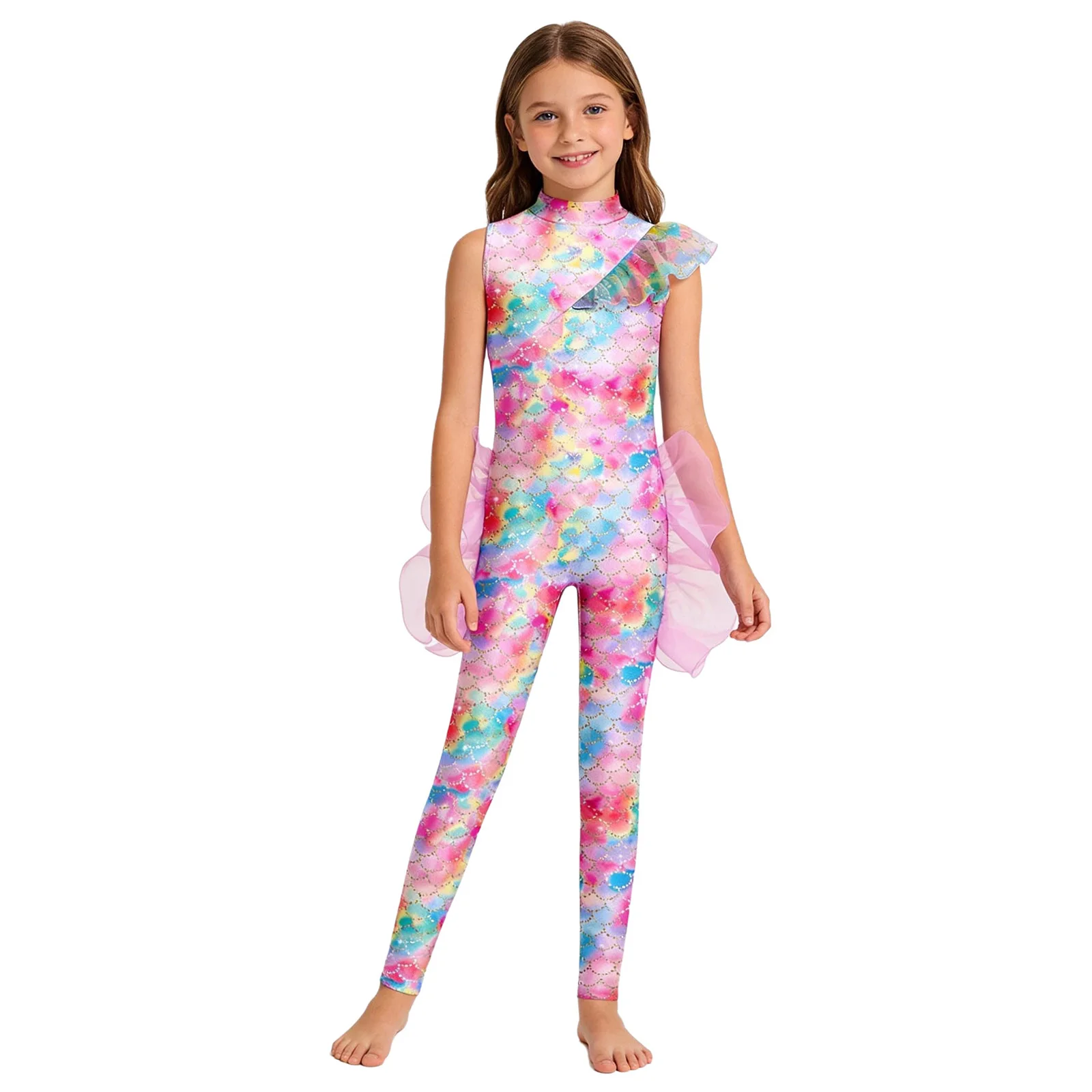 Kids Girls Mermaid Princess Jumpsuit Fish Scale Printed Swimsuit Sleeveless Mesh Unitards Ballet Gymnastics Leotard Swimwear