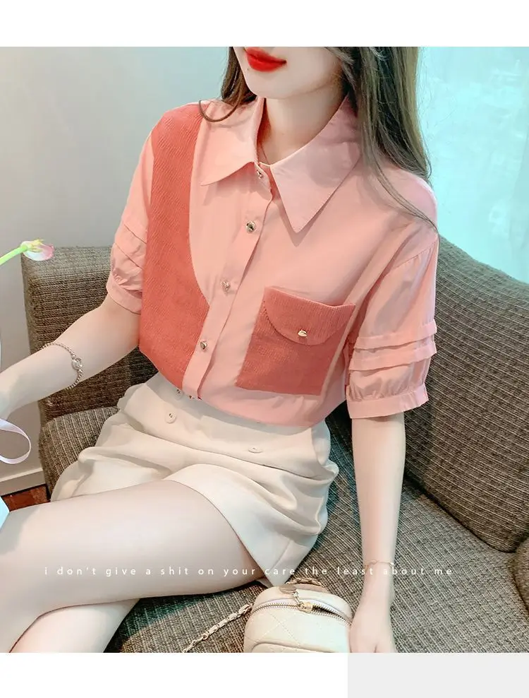 2024 New Summer Young Style Chiffon Short Sleeved Blouses Loose Patchwork Polo Collar Folds Pocket Beading Women\'s Shirt Top