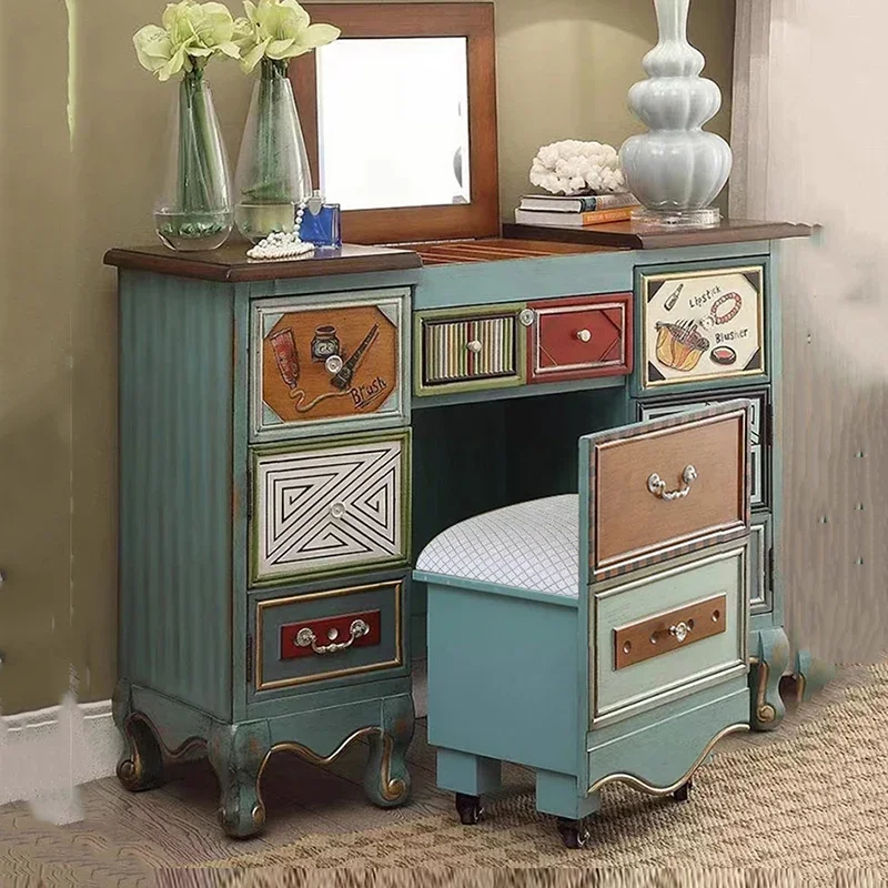 Modern Aesthetic Dresser Vintage Style Stool Wood Dresser Make Up Cabinet Tocador De Maquillaje Mueble Con Espejo Furniture