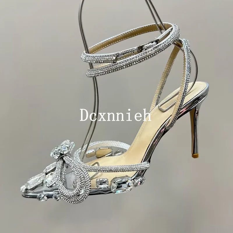 Sandalias puntiagudas con decoración de lazo de cristal para mujer, zapatos de vestir de tacón alto de PVC, elegantes, a la moda, novedad de verano, 2024