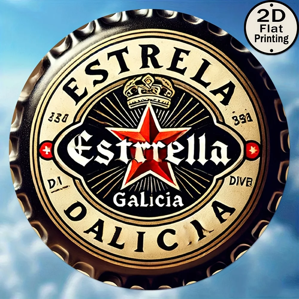 Placa de Metal Redonda Vintage Retrô com Tampa de Garrafa de Cerveja Estrella Galicia para Decoração de Bar, Caverna do Homem e Casa