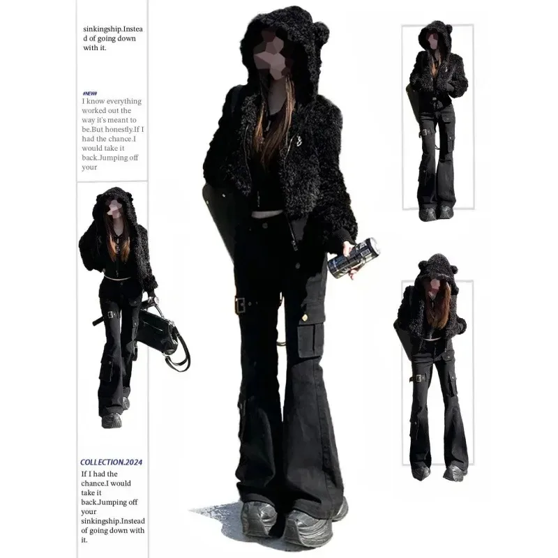 Women's Low Rise Cargo Jeans Black Detailed Micro Flare Pants Petite Lengthening Tummy Control Workwear Pants Y2K Streetwear