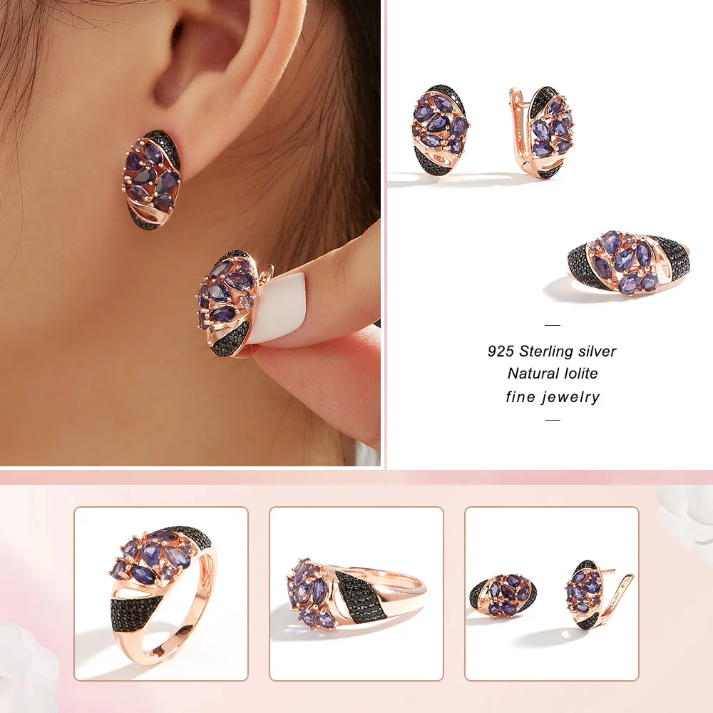 2024 BL new Natural  Iolite  Jewelry set 925 sterling silver fine jewelry earring ring  nautral gemstone for women nice gift