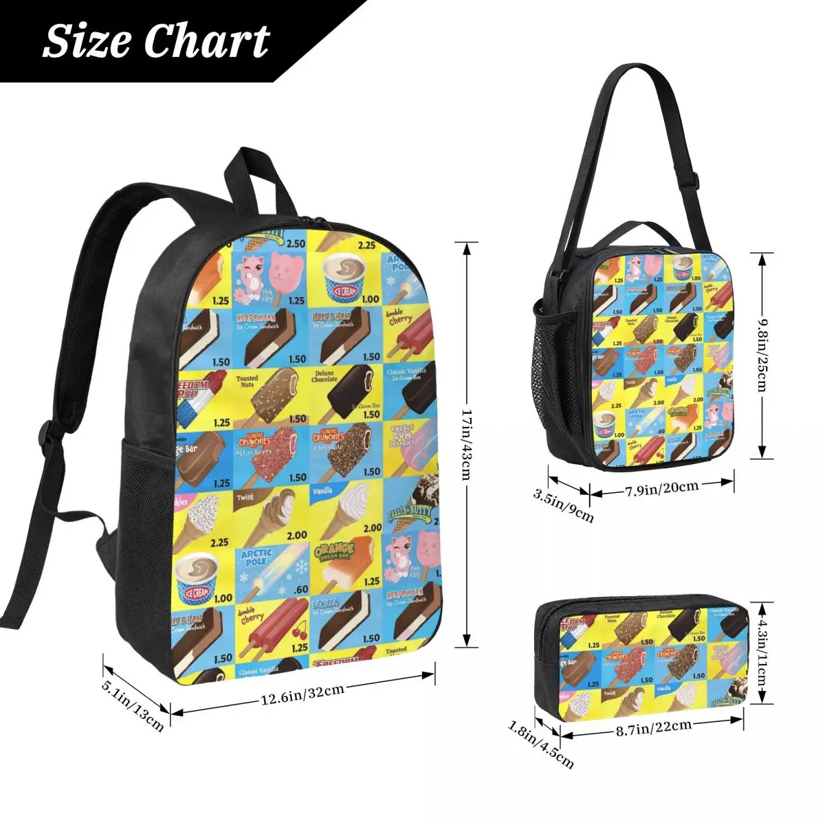 Ice Cream Truck Menu Backpack Student Boys Girls BookBag School Bag Laptop Shoulder Bags 3ps Insulated Lunch Bag Pencil Case
