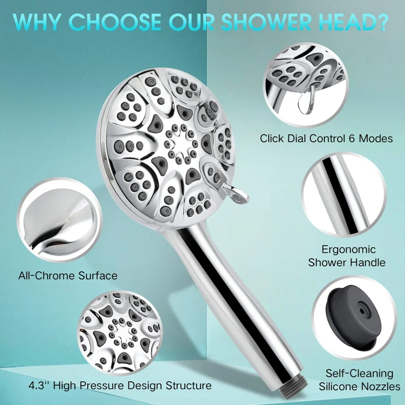 High Pressure Handheld Shower Head 4.3Inch, 6 Spray Settings With Handheld, Stainless Steel Hose And Adjustable Bracket