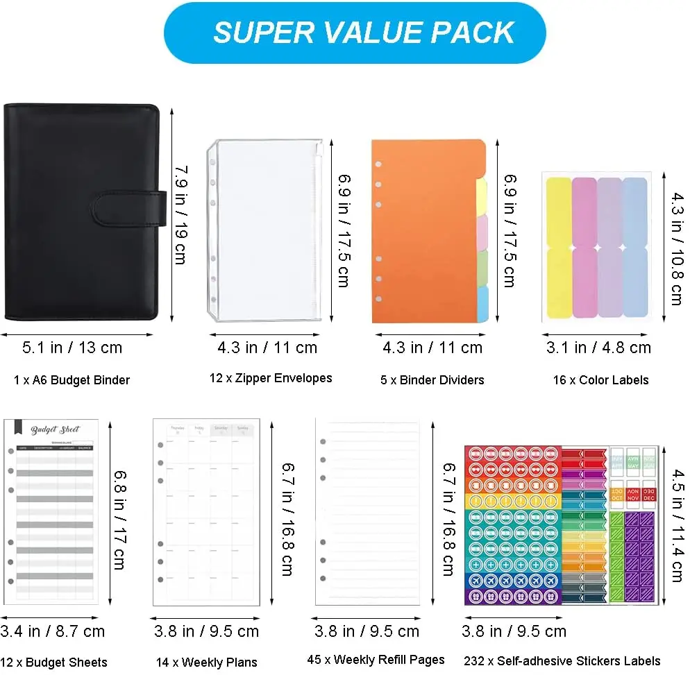 A6 Binder Budget PU Leather Organizer Notebook Financial Folder Set with Expense Budget Sheets, Cash Envelopes, Planner Stickers